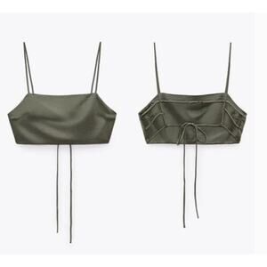 Zara Satin Square Neck Strappy Back Crop Top in Olive Green Womens Large